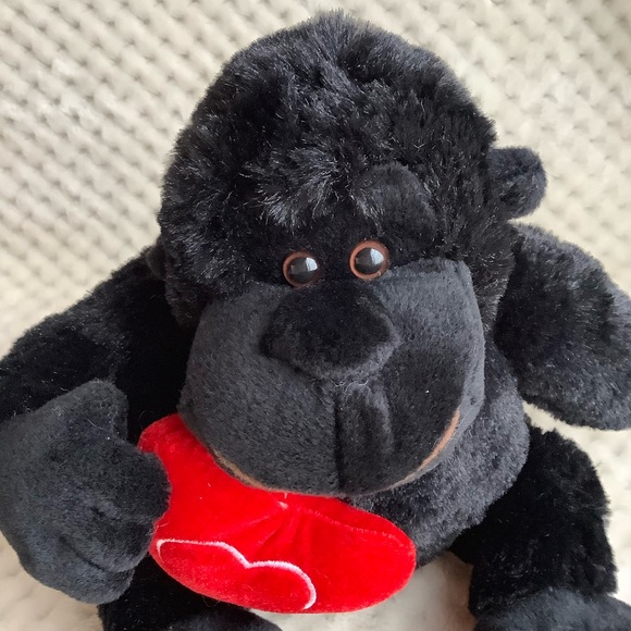 Soft Plush Black Gorilla holding Red Heart Pillow Valentines Stuffed Animal Toy - Picture 7 of 13